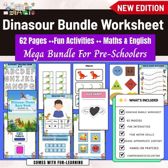 62 Pages Dinosaur Worksheet Bundle,Preschool Kindergarten Activities,Dino Learning Worksheets,Printable Activity Pack for Kids,busy book,