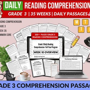 May include: A digital educational resource for Grade 3 reading comprehension. The image shows a laptop, tablet, and printed pages with the text "WEEK 10 OVERVIEW" and "The Stormy Afternoon". The title "DAILY READING COMPREHENSION" is displayed at the top.