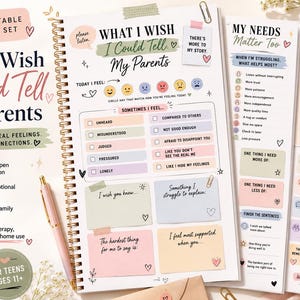 May include: A three-page printable worksheet set titled What I Wish I Could Tell My Parents, featuring pastel-colored sections for emotional expression, including checkboxes for feelings, prompts for open communication, and space for written notes.