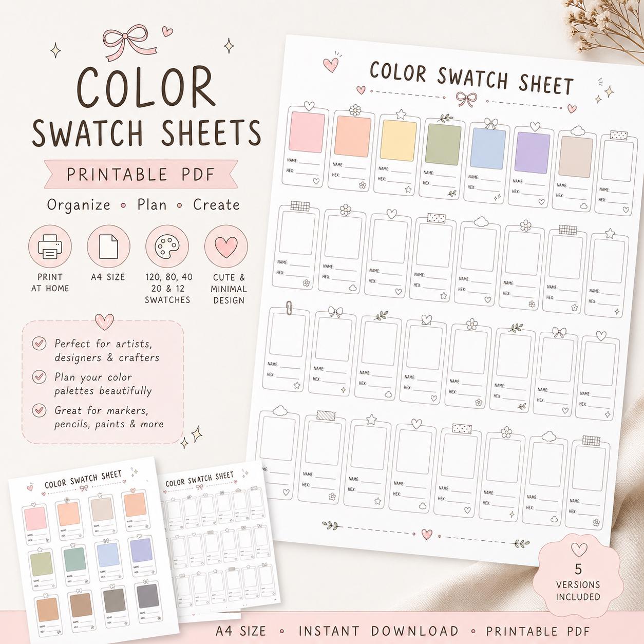 5 Variant Color Swatch Chart Printable,blank Color Swatches Sheet Pdf ...