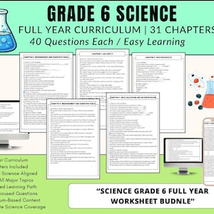 K&ouml;nnte beinhalten: Ein Bundle f&uuml;r den naturwissenschaftlichen Lehrplan der 6. Klasse mit 31 Kapiteln, je 40 Fragen und einfachem Lernen. Das Bild enth&auml;lt Arbeitsbl&auml;tter, einen Computermonitor, ein Telefon und Illustrationen zum Thema Wissenschaft. Der Text lautet "SCIENCE GRADE 6 FULL YEAR WORKSHEET BUDNLE".