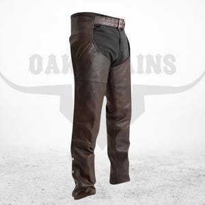 Unisex Brown Leather Riding Chaps – Classic Biker Style with Adjustable Back Lacing & Side Zippers