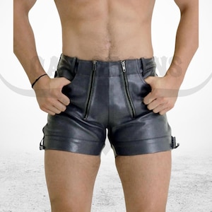 Men&#39;s Slim Fit Leather Shorts: Black & Red, Front Zipper