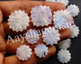 Rainbow Moonstone Carving Gemstone, Flower Cut Cabochon for Jewelry Making