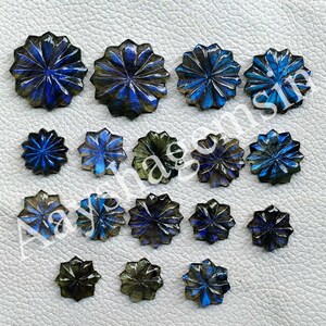 May include: A collection of carved labradorite gemstones in a flower shape. The gemstones display a range of blue, green, and gray hues, with intricate carved details. The gemstones are arranged on a white surface.