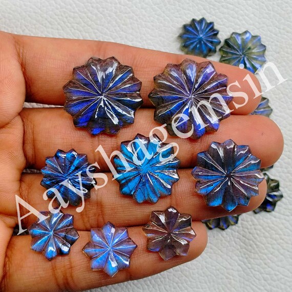 Natural Labradorite Flower Carving Gemstone, Blue Fire Fantasy Cut Cabochon for Jewelry Making