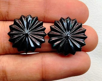 AAA Black Onyx Flower Carving Gemstone Pair, 21x21x5MM