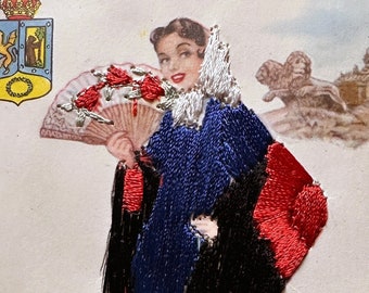 Embroidered postcard featuring stitched image of Spanish Flamenco Dancer - 1960s vintage in beautiful condition