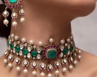 Kundan Choker Halsketten Set – Rot & Minzstein Brautschmuck