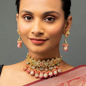 Handcrafted Kundan Bridal Jewelry Set | Gold Plated  Necklace & Earrings | Indian Wedding Jewelry | Pink beads  Set | Ethnic Festive Wear