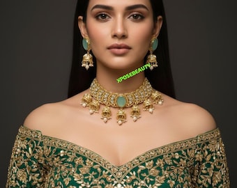 Mint Green Kundan Choker Necklace Set | Indian Jhumka Earrings, Bridal Jewelry