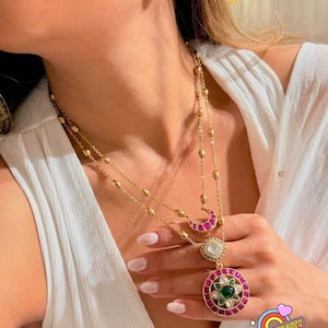 Gold Layered Necklace Set with Ruby Green Stone Pendant | Kundan Indian Bridal Jewelry