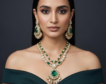 Conjunto de joyería nupcial Kundan Polki verde / Conjunto de collar de boda indio
