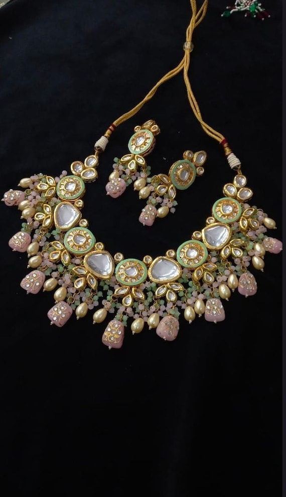 Designer Kundan Choker Set, Green Kundan Bridal Jewelry