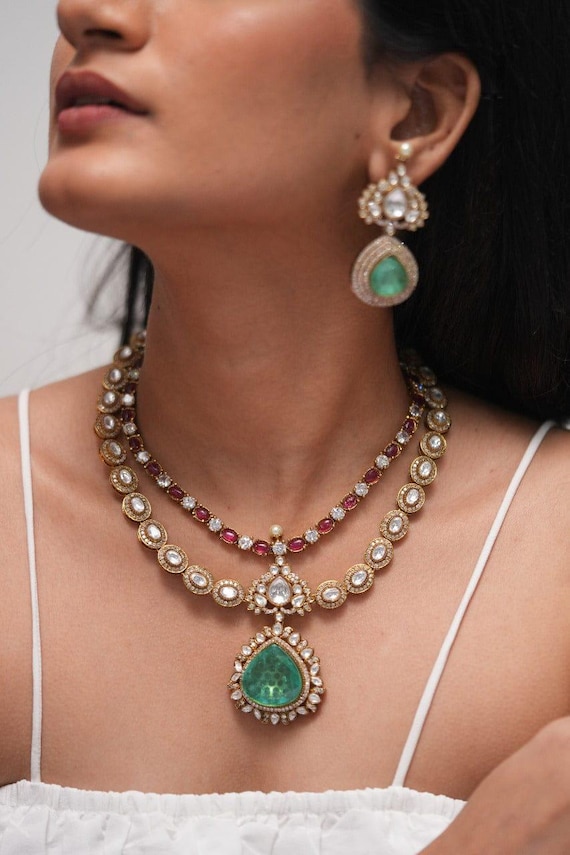 Bridal Kundan Polki Necklace Set | Emerald Mossanite Pendant, Ruby Beaded Jewelry