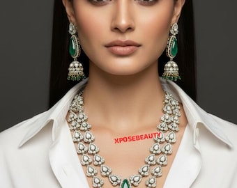 Smaragd Grün Kundan Halsketten Set | Braut-Polki-Schmuck | Traditionelle indische Hochzeitskette mit Jhumka Ohrringen