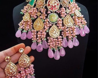 Royal Kundan Braut Halskette Set mit Rosa Perlen & Ohrringen