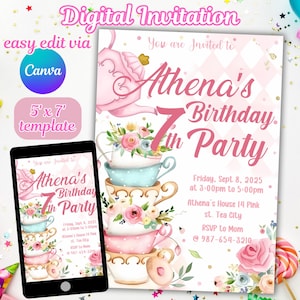 Pink Floral Tea Party Invitation: Editable Birthday Invite (Digital Printable Card