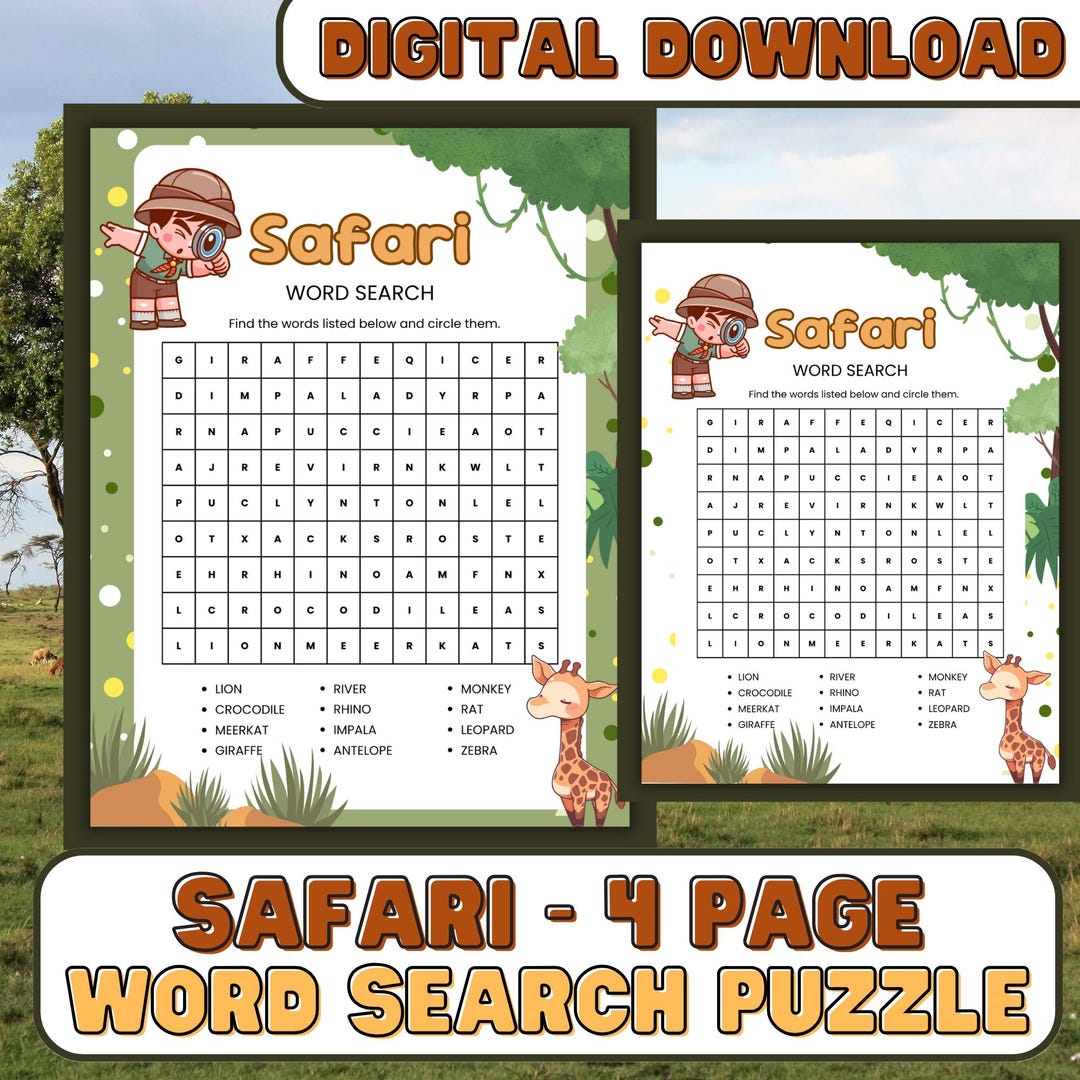 Safari Word Search Puzzle: Kids' Animal Discovery Activity (PDF ...