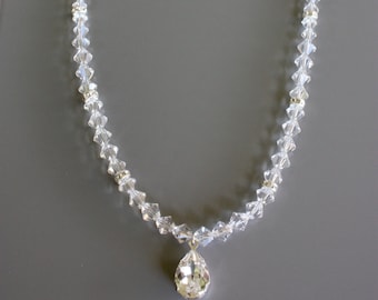 CRYSTAL  BRIDAL  NECKLACE  with a Rhinestone Pendant and Swarovski Crystals, Wedding Necklace, Cubic Zirconia Pendant, Simple Necklace