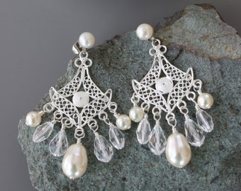 Swarovski Crystal Bridal Chandelier Earrings: Sterling Silver Filigree, Pearl Drop