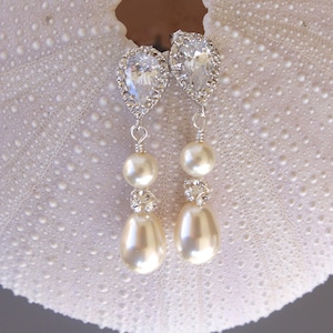 Parel strass oorbellen, traan druppel met Cubic Zirconia Stud, bruiloft oorbellen, wit of ivoor, goud, eenvoudig