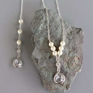 Backdrop Bridal Necklace Sterling Silver Chain with a Clear Crystal Pendant Surrounded by Glass Pearls in White or Cream,