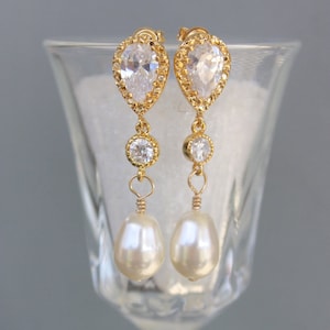 Gold Cubic Zirconia Earrings With Tear Drop Pearl, Art Deco Style, Rhinestone Earrings, Bridal Earring, Wedding, Special Occasion