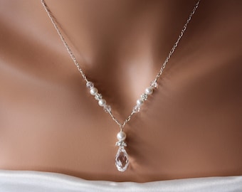 Swarovski Crystal Pearl Bridal Necklace, Sterling Silver Chain