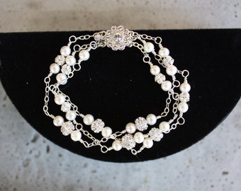 Triple Stranded Bridal Bracelet on Sterling Silver Chain with Rhinestones and Pearls in White or Cream