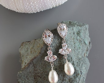 SILVER CUBIC ZIRCONIA Earrings With a Tear Drop Pearl, Fleur De Lis, Leaf, Rhinestone Bridal Earring, Special Occasion, Wedding