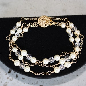 Triple Stranded Bridal Bracelet on Rose Gold Chain or Gold Chain with Crystals and Pearls