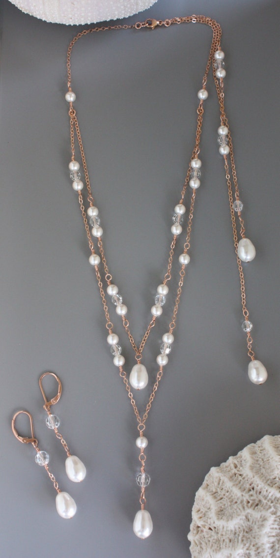 Boucles D'oreilles Doubles Or Rose Avec Perle Et Cristal SW - Neuf Avec étiquettes