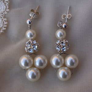Classic Pearl Bridal Earrings with Rhinestone Ball Accent on Post