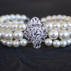 PEARL  BROOCH  BRACELET, Bridal, Triple Stranded with Swarovski Pearls, Cream, White, Vintage Style, Classic