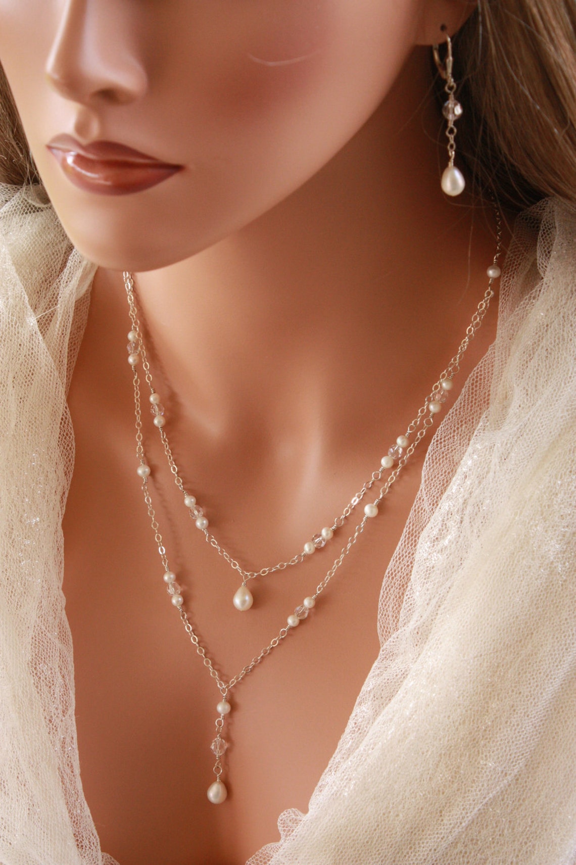DOUBLE STRAND PEARL Necklace on Sterling Silver Chain With Etsy