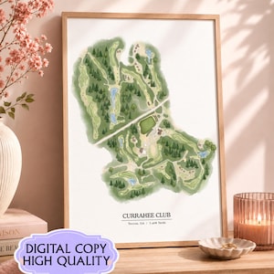 May include: A framed watercolor-style map of the Currahee Club golf course in Toccoa, GA, featuring 7,408 yards. The print displays green fairways, sand bunkers, water hazards, and trees on a white background with black text at the bottom.