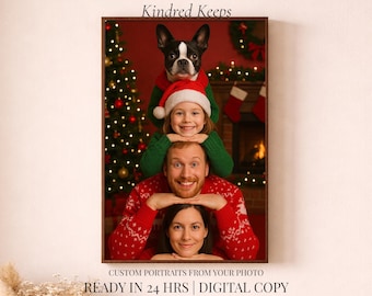 Divertido retrato familiar navideño, retrato personalizado de mascota, regalo navideño para la familia, idea de regalo de Navidad, tarjeta de Navidad personalizada, descarga digital