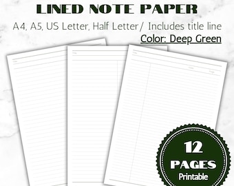 Könnte beinhalten: Drei Blätter weißes, liniertes Notizpapier mit einer Titelleiste. Der Text auf dem Bild lautet "LINED NOTE PAPER" und "Color: Deep Green". Ein grünes rundes Abzeichen zeigt "12 PAGES Printable".