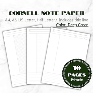 Puede incluir: Tres hojas de papel de notas Cornell blancas con líneas de título y secciones de cuadrícula o rayadas. El texto "CORNELL NOTE PAPER" está en la parte superior, con "A4, A5, US Letter, Half Letter" debajo. Un círculo verde dice "10 PAGES Imprimible".