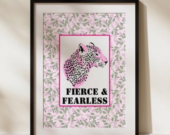 Fierce & Fearless Wall Art – Pink Leopard Printable Poster, Bold Motivational Digital Download