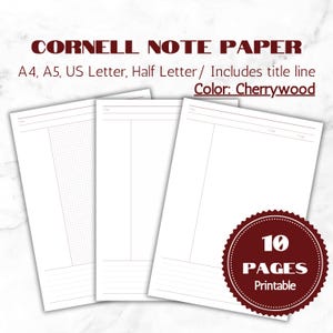 Op de afbeelding: Drie witte Cornell-notitiepapieren met een titelregel en raster- of gelinieerde secties. De papieren zijn gelabeld A4, A5, US Letter en Half Letter. De afbeelding bevat een kersenhouten cirkelvormige badge met de tekst "10 PAGES Printable".