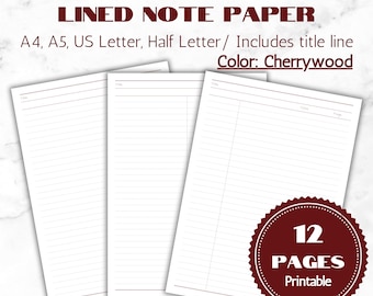 Könnte beinhalten: Drei Blätter liniertes Notizpapier mit einer Titelleiste. Das Papier ist in den Formaten A4, A5, US Letter und Half Letter erhältlich. Die Farbe ist Cherrywood. Das Bild enthält ein rundes Abzeichen mit der Aufschrift "12 PAGES Printable".