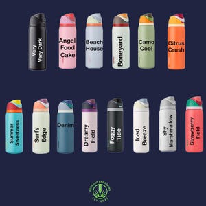May include: A collection of insulated water bottles in various colors, each with a unique name printed on the side. Colors include black, pink, blue, green, and orange. The bottles have a curved design and a flip-top lid.