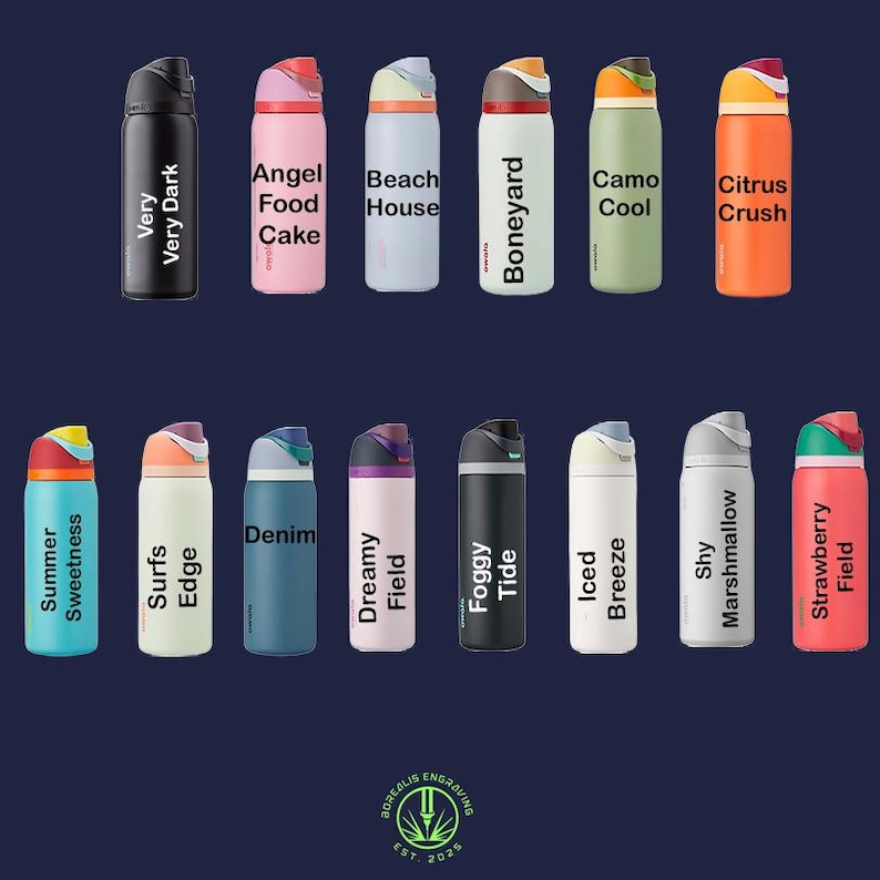 May include: A collection of insulated water bottles in various colors, each with a unique name printed on the side. Colors include black, pink, blue, green, and orange. The bottles have a curved design and a flip-top lid.