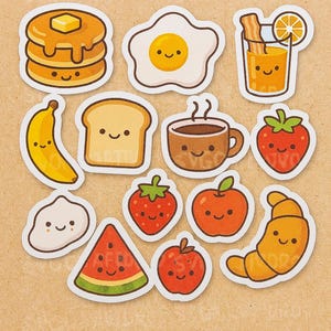 Kawaii Breakfast & Fruits Sticker PNG PDF | Cute Food Stickers | Pancakes, Coffee, Toast, Fruits | Instant Download