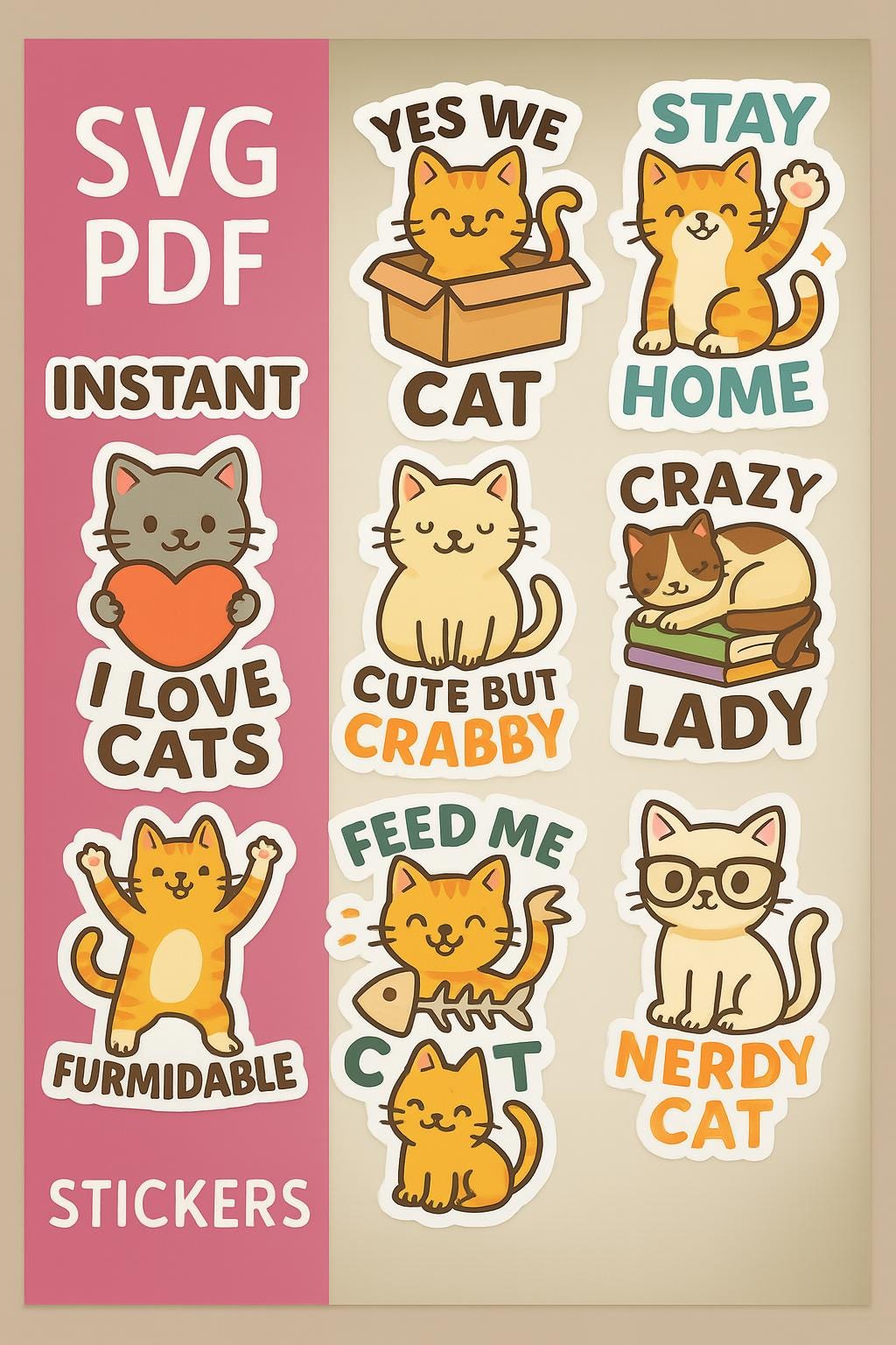 Cute Cat Stickers PNG PDF | Funny Cat Quotes Digital Download | Kawaii Kitty Sticker Sheet for Cricut, Journal, Scrapbook & Gifts