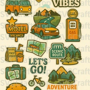 Road Trip Sticker Bundle | Retro Travel PNG & PDF | Adventure Clipart Pack | Scenic Route Motel Van Food Map Gas Art | Instant Download