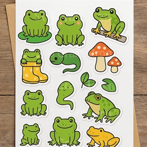 Frogs & Amphibians PNG Sticker Bundle – Cute Frogs, Tadpoles, Mushrooms, Leaves and Rain Boots – Instant Digital Download