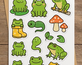 Frogs & Amphibians PNG Sticker Bundle – Cute Frogs, Tadpoles, Mushrooms, Leaves and Rain Boots – Instant Digital Download